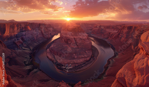 panoramic view of the Horseshoe Canyon in Arizona at sunset, with its iconic rock formation and winding river