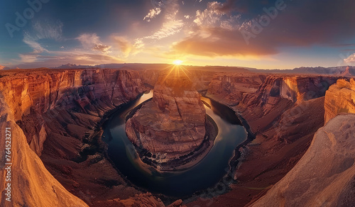 panoramic view of the Horseshoe Canyon in Arizona at sunset, with its iconic rock formation and winding river
