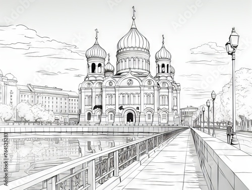 Coloring book illustration: iconic Russian landmarks and cultural symbols - black and white outline