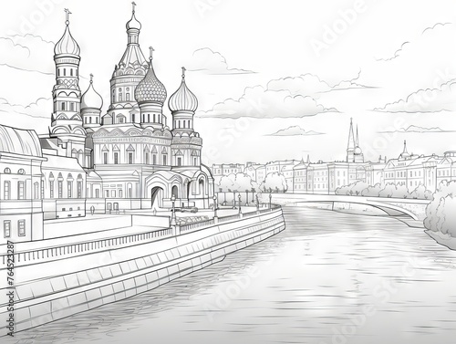 Coloring book illustration: iconic Russian landmarks and cultural symbols - black and white outline © Ameer