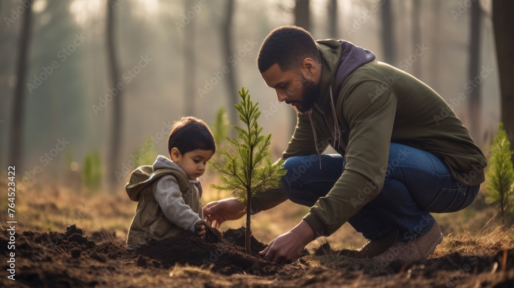 An adult teaching a child to plant a tree, united for a greener and more sustainable future for the environment