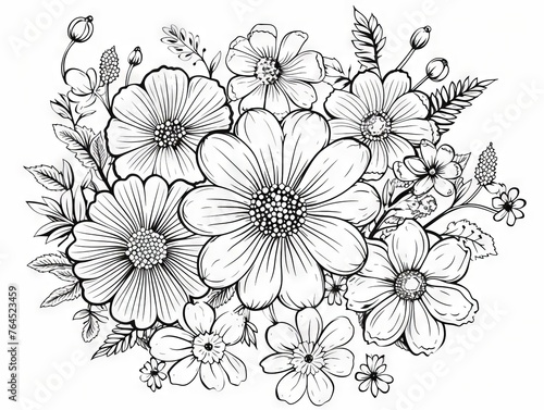 Intricate summer floral patterns  hand-drawn vector illustration for adult coloring - circular bouquet design