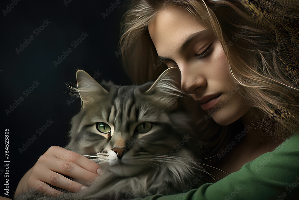 Girl hugging with cat, concept of love for animals