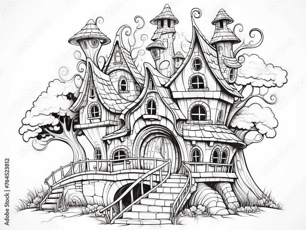 Enchanting fairytale cottage with multiple terraces and heart motifs, hand-drawn zen-tangle style sketch for relaxation and coloring, vector art