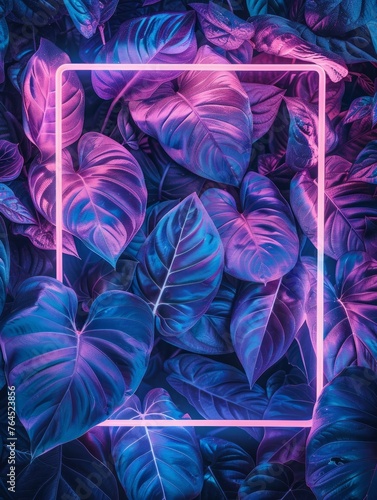 A radiant neon light box sits amidst a dense thicket of purple and blue leaves, symbolizing technology and nature's intersection