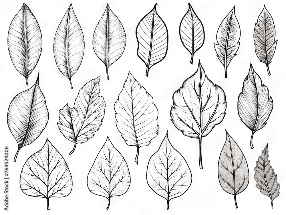 Fototapeta premium Assorted leaf outlines for creative coloring activities - detailed botanical illustration vector set