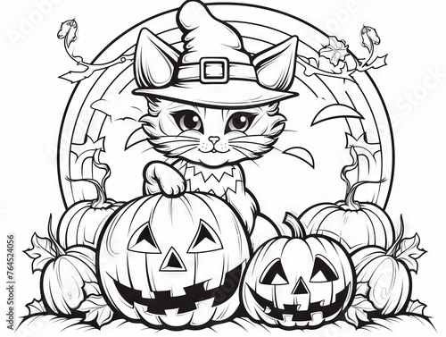 Charming Halloween-themed coloring activity featuring a playful cat and pumpkin for children’s creativity enhancement