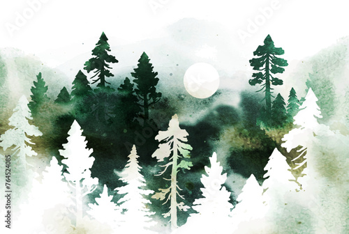 Foggy watercolor landscape with coniferous forest. Vector hand drawn illustration with mountains, fog, trees and sun. All elements, textures are individual objects