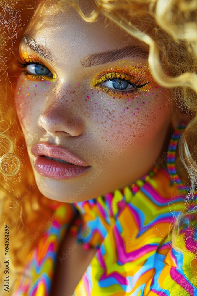 A glamorous model with curly hair and colorful makeup exudes a joyful demeanor