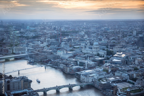 Aerial view of the city of London at dusk. photo