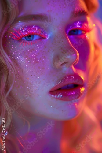 Close-up image highlighting a woman's face with glitter makeup and pink eyelashes
