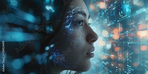 A woman navigating a futuristic digital world using advanced brain-computer interface technology. Concept Future Technology, Brain-Computer Interface, Digital World, Virtual Reality, Cybernetic Woman