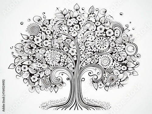 Abstract tree design - intricate black and white coloring page for creative expression and relaxation