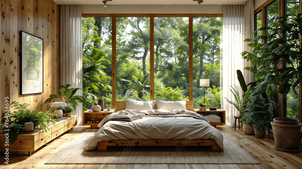 peaceful bedroom setting showcases a large bed framed by natural wood, multiple potted plants, and a panoramic view of a verdant forest through floor-to-ceiling windows - Generative AI peaceful bedroom setting showcases a large bed framed by natural wood, multiple potted plants, and a panoramic view of a verdant forest through floor-to-ceiling windows - Generative AI
