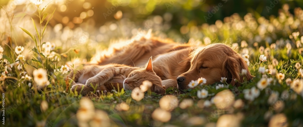 Garden in spring, cute kitten and large mountain dog sleeping together on the grass, sunlight background. Golden retriever and cat laying together on the grass, spring time