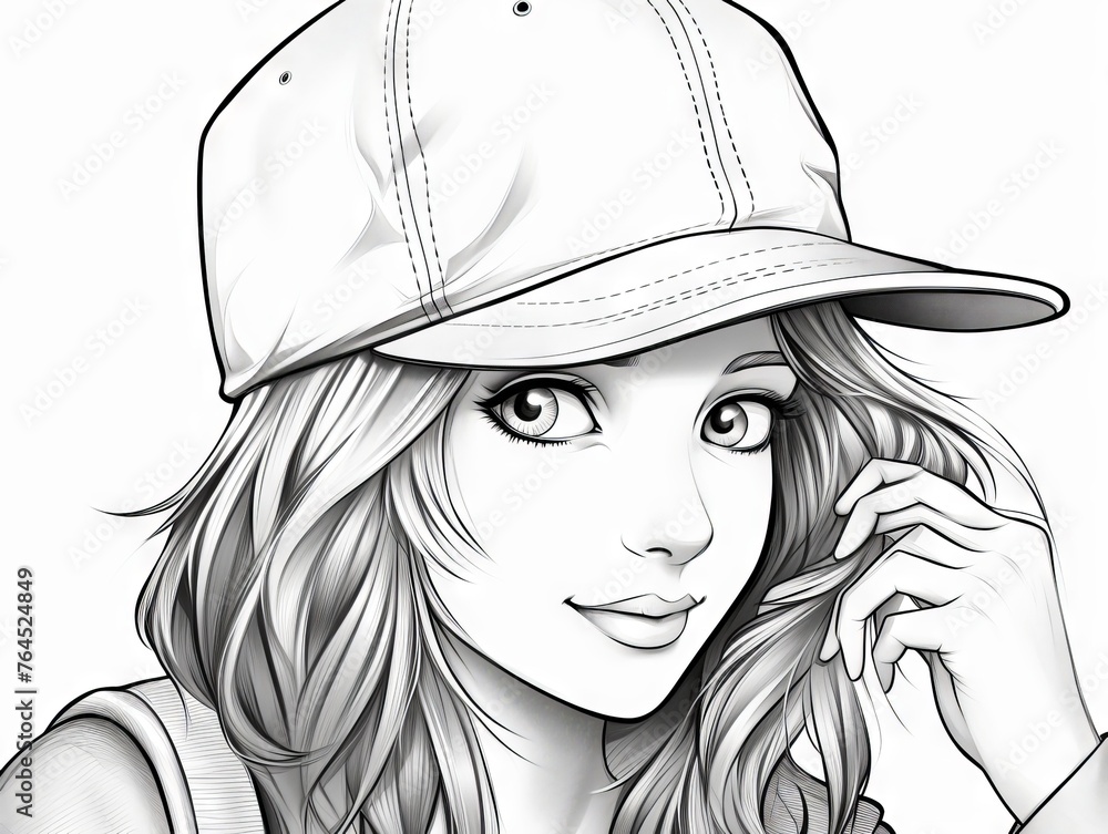 Charming girl with cap - black and white coloring book vector illustration for creative leisure activities Charming girl with cap - black and white coloring book vector illustration for creative leisure activities