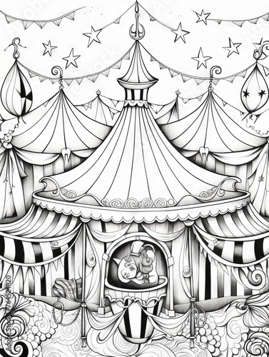 Black and white illustration of circus tent scene with acrobats for coloring book page