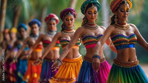 Colorful attired dancers in a line with their hands linked.