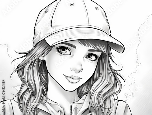 Charming girl with cap - black and white coloring book vector illustration for creative leisure activities