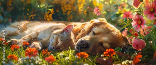 Garden in spring, cute kitten and large mountain dog sleeping together on the grass, sunlight background. Golden retriever and cat laying together on the grass, spring time