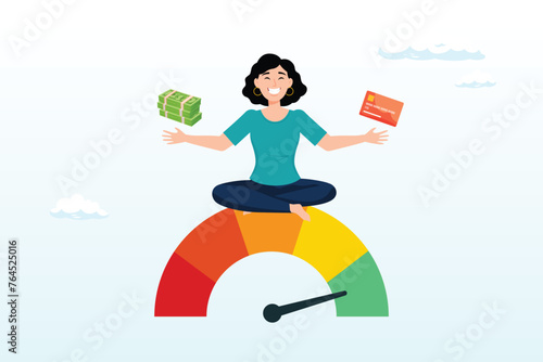Woman hold banknote and credit card sit above credit gauge at good rating, credit score for credit card spending with sufficient cash to pay debt create excellent personal financial plan (Vector)