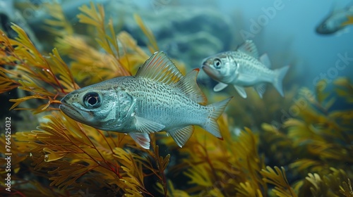  A few schools of fish swimming near seaweed on an ocean floor with other fishes in the background