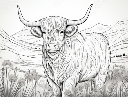 Highland cow illustration for coloring - serene farm animal outline drawing on white background