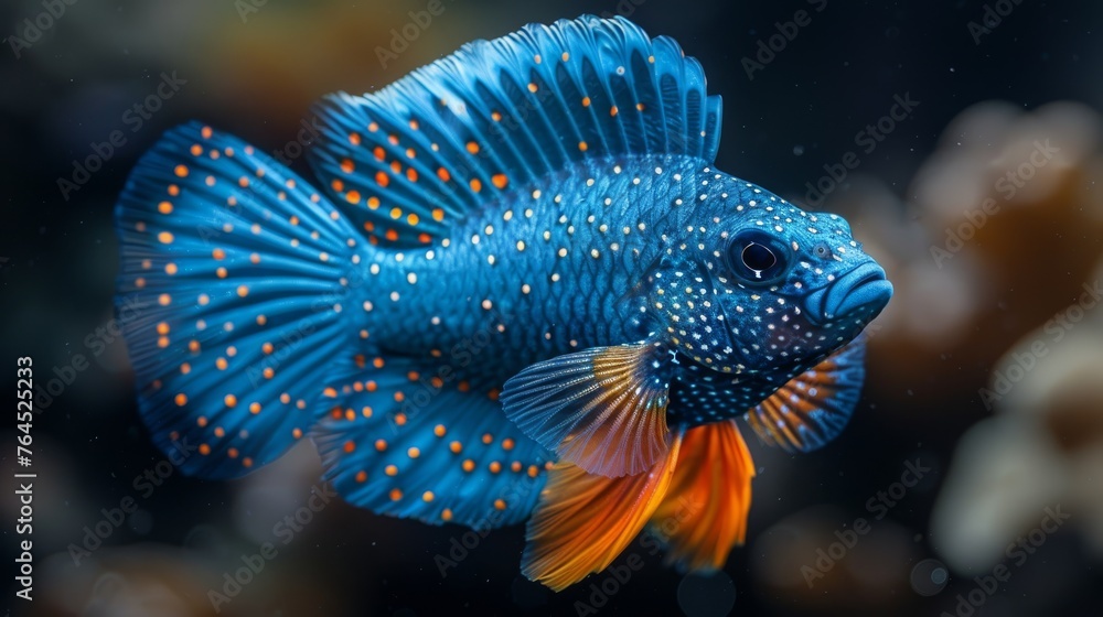 Fototapeta premium A clear photo of a blue fish with orange dots on its body against a dark backdrop