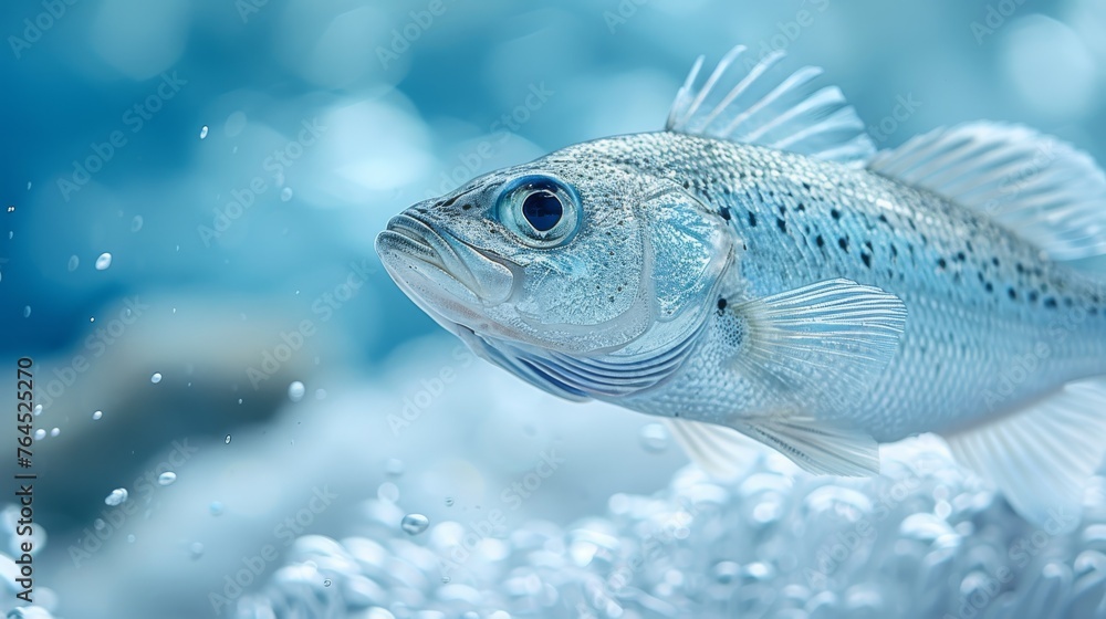 A fish close-up on water with blue sky and bubbles A fish close-up on water with blue sky and bubbles