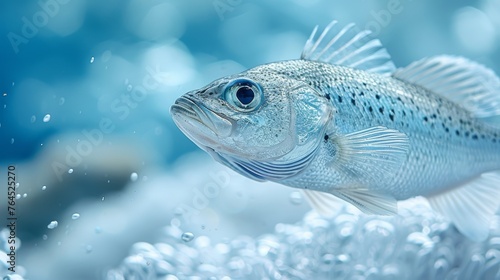  A fish close-up on water with blue sky and bubbles