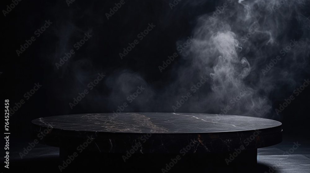 Empty black marble table podium with black stone floor in dark room with smoke Empty black marble table podium with black stone floor in dark room with smoke