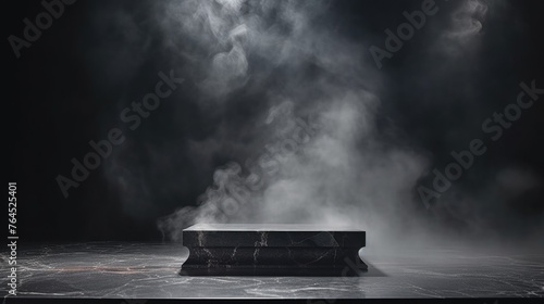 Empty black marble table podium with black stone floor in dark room with smoke photo