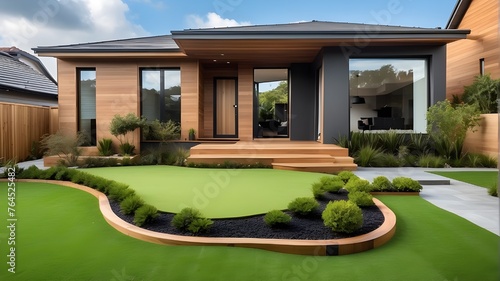 Modern House Front Yard with Wooden Edging and Modern Lawn Turf. Artificial Grass with a Sleek Style and Decorative Boundaries photo