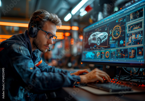 A male engineer is working with vehicle models and design ideas in a high-tech style in data analysis within an innovative workshop environment in the style of futuristic vehicles and car parts.