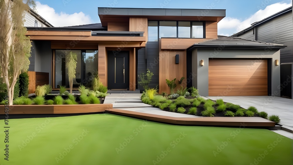 Modern House Front Yard with Wooden Edging and Modern Lawn Turf. Artificial Grass with a Sleek Style and Decorative Boundaries