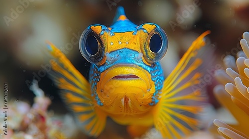  Close-up portrait of a blue-yellow fish with eyewear and coral in backdrop