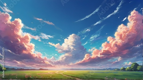 Anime fantasy wallpaper background concept : Beautiful sunset paints the sky with vibrant colors over majestic mountains, generative ai