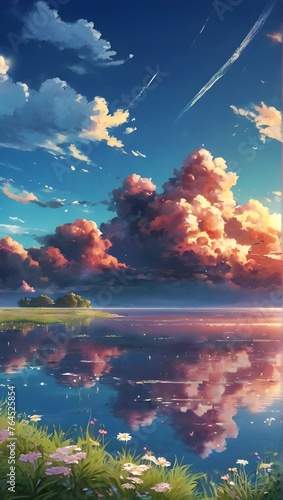 Anime fantasy wallpaper background concept : Beautiful sunset paints the sky with streaks of orange, pink and purple clouds over the sea, generative ai
