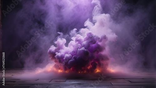 A dramatic smoke or fog effect with a purple, menacing glow is created by smoke shooting forth from a round, empty center, creating a spooky Halloween background. photo