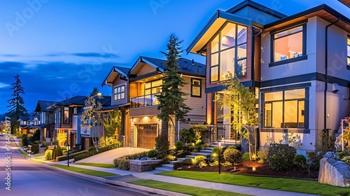 Dwelling and urban development idea: dusk outside city scene of contemporary property residences.