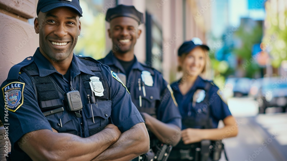 Fototapeta premium Friendly law enforcement officers standing outside station ready to assist with organization.