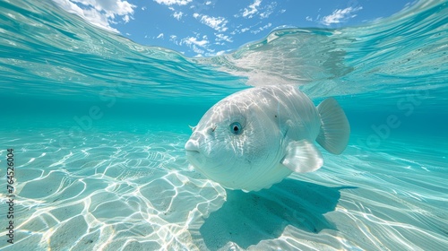  A photo shows a close-up of a fish in water  with a clear blue sky and white clouds above