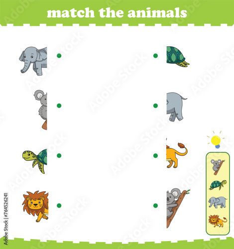 Matching game for preschool children with wild animals. Vector Illustration