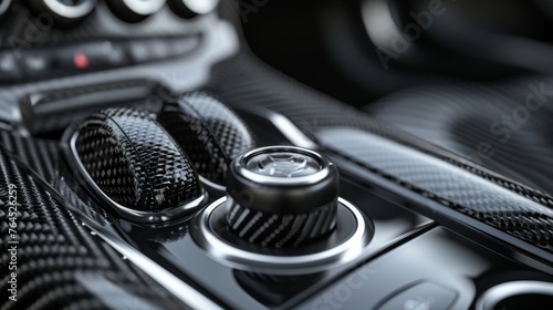 Close-up of modern luxury car interior with automatic gear shift knob and multi-function central console. Automatic transmission lever. Premium finishing: plastic, carbon and leather with stitching. © Fat Bee