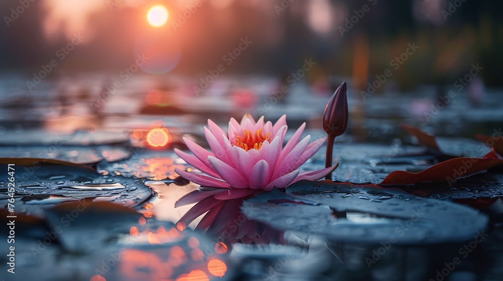 A rosy lotus illuminated by sunlight. - obrazy, fototapety, plakaty 