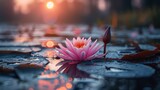 A rosy lotus illuminated by sunlight.