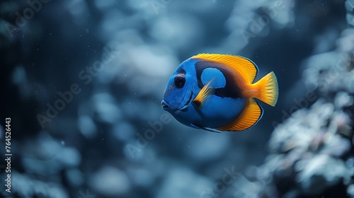 Blue, yellow fish against black background with blurred sky..Explanation: The input text contains unnecessary words such as a and of To optimize the text, we