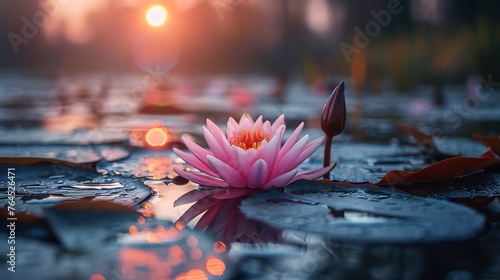 A rosy lotus illuminated by sunlight. photo