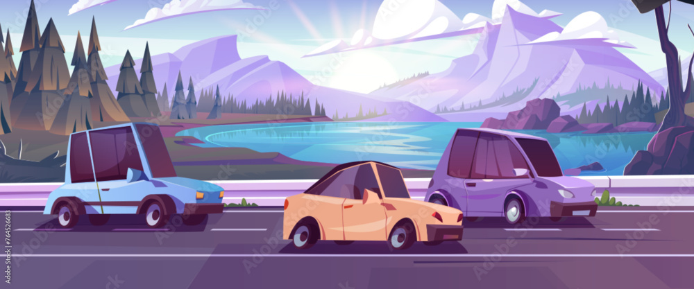 Cars on highway in mountain valley. Vector cartoon illustration of auto traffic on lakeside road, summer scenery reflecting in water, sun shining bright in blue sky, fir tree forest, vacation travel Cars on highway in mountain valley. Vector cartoon illustration of auto traffic on lakeside road, summer scenery reflecting in water, sun shining bright in blue sky, fir tree forest, vacation travel