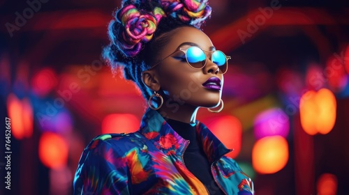 High fashion portrait of young african american woman, bright neon colors